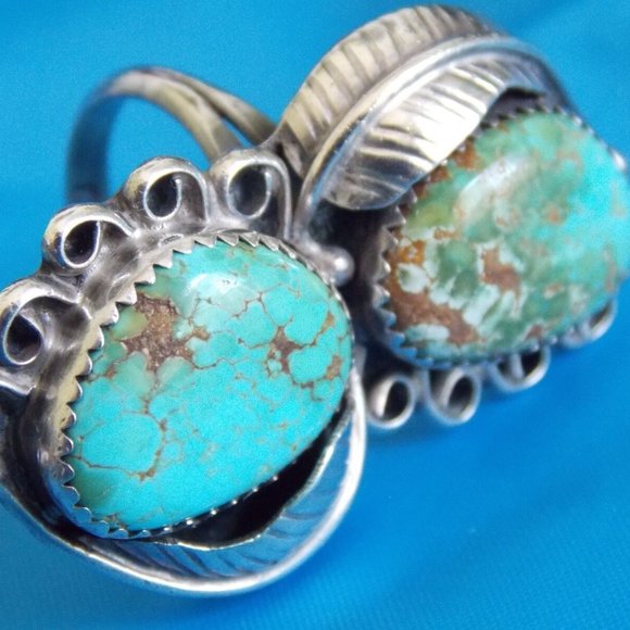 Vintage Old Pawn Navajo Ring 2 Large Turquoise Nugget Sterling - Picture 1 of 6